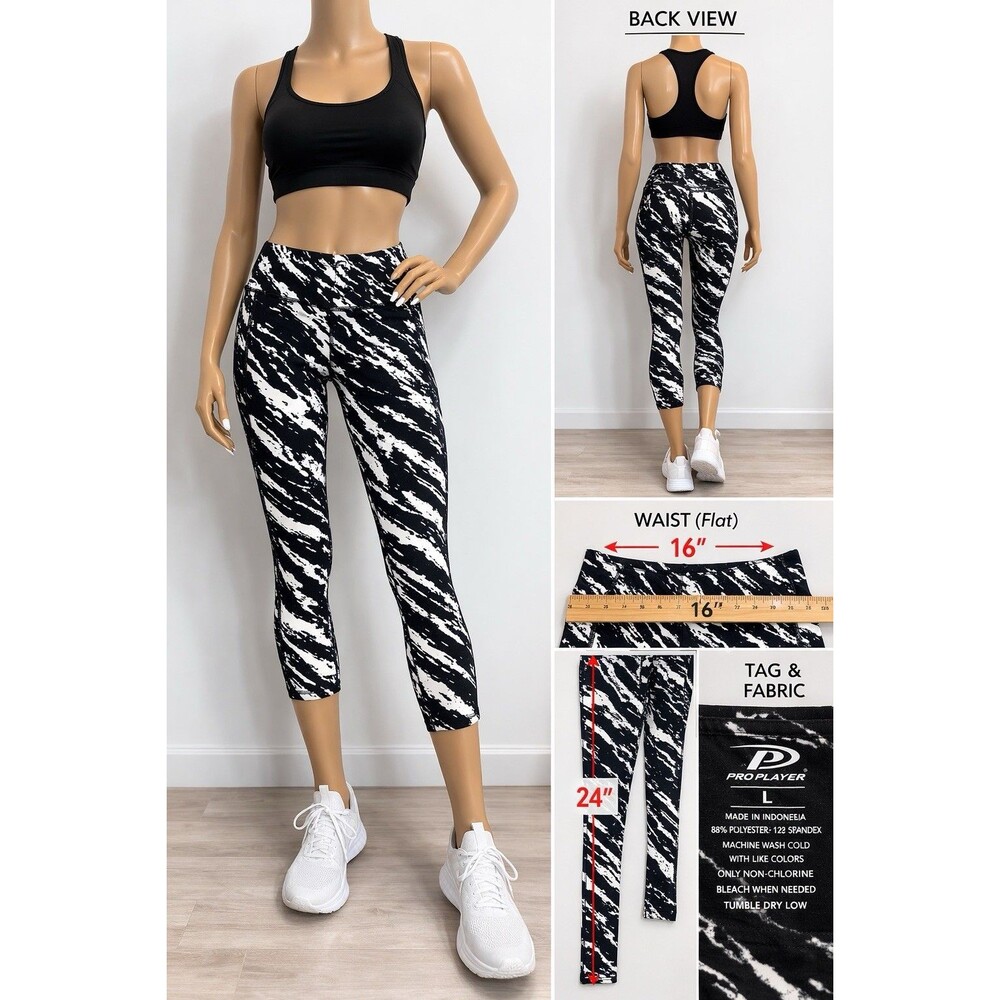 Pro Player Black White Abstract Capri Leggings Womens Large Athletic Pockets Gym
